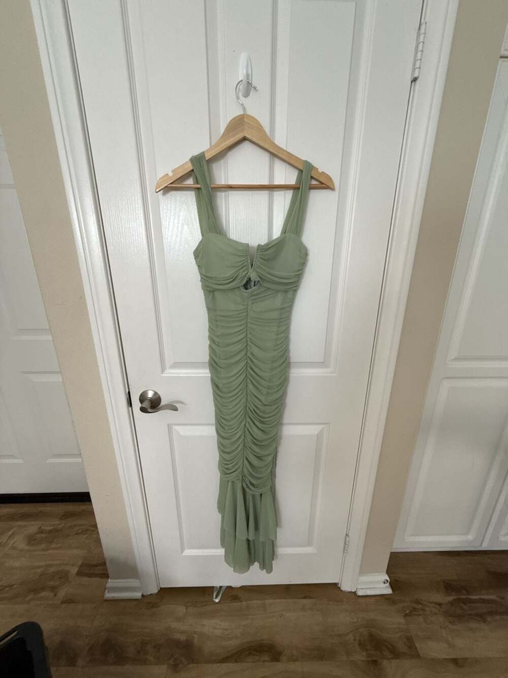 Hello Molly Sage Green Ruched Midi Dress Size US 4